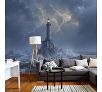 Art Papel Tapiz Fotográfico Arrecifes Faro Relámpagos Nubes Oscuras Papel Pintado 300 x 210cm, Art Mural Azul Grisáceo Mural para Sala Estar Dormitorio Cocina Infantil Decoración