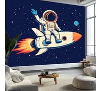 Art Papel Tapiz Fotográfico Astronauta Dibujos Animados Cohete Papel Pintado no Tejido 350x256 cm Lana Decoración de Pared Sala Cuarto Póster Mural para Sala de estar Dormitorio Decor, Azul Oscuro