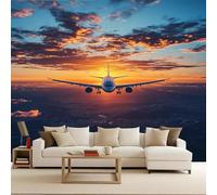 Art Papel Tapiz Fotográfico Avión Papel Pintado no Tejido 400x280 cm Avión Ciudad Amanecer Decoración de Pared Sala Cuarto Póster Mural para Sala de estar Dormitorio Decoración, Paisaje urbano