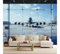 Art Papel Tapiz Fotográfico Avión Papel Pintado no Tejido 400x280 cm Cielo azul Aeropuerto Decoración de Pared Sala Cuarto Póster Mural para Sala de estar Dormitorio Decoración, Paisaje urbano