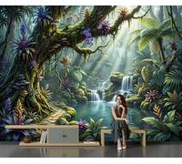 Art Papel Tapiz Fotográfico Cascadas Arroyos Sol Papel Pintado Escena Selva Tropical Seda 450 × 315 Cm Pared Sala Cuarto Póster Verde Esmeralda Mural Para Sala Estar Dormitorio Infantil Decoración