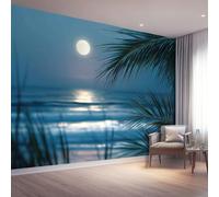 Art Papel Tapiz Fotográfico Costiero Luna Foglie Di Palma Papel Pintado 150 x 105 cm, Art Mural De Pared Papel Pintado Azul Oscuro Mural para Sala Estar Dormitorio Infantil Decoración