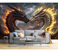 Art Papel Tapiz Fotográfico Dos Dragones Gigantes Relámpagos Fuego Papel Pintado 300 x 210cm, Art Mural De Pared Papel Pintado Negro Plata Naranja Mural para Sala Estar Dormitorio Cocina Decoración