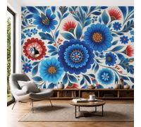 Art Papel Tapiz Fotográfico Estilo Étnico Azul Y Rojo Papel Pintado Estampado Floral Retro Seda 400 × 280 Cm Pared Sala Cuarto Póster Azul Real Mural Para Sala Estar Dormitorio Infantil Decoración