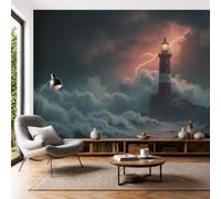 Art Papel Tapiz Fotográfico Faro Olas Tormenta Papel Pintado 450 x 315cm, Art Mural Rojo Azul Grisáceo Mural para Sala Estar Dormitorio Cocina Infantil Decoración