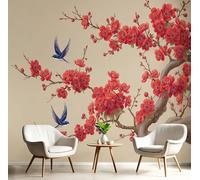 Art Papel Tapiz Fotográfico Golondrina De Flor De Ciruelo Papel Pintado Estilo Tradicional Chino Seda 400X280Cm Pared Sala Cuarto Póster Beige Mural Para Sala Estar Dormitorio Infantil Decoración