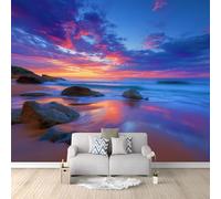 Art Papel Tapiz Fotográfico Hermoso Playa Amanecer Papel Pintado 300 x 210 cm, Art Mural De Pared Papel Pintado Azul Oscuro Mural para Sala Estar Dormitorio Infantil Decoración