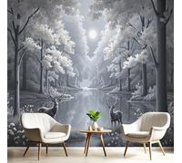 Art Papel Tapiz Fotográfico Lago Del Bosque Papel Pintado Cielo Nocturno Con Ciervos Paisaje Seda 250X175Cm Pared Sala Cuarto Póster Gris Carbón Mural Para Sala Estar Dormitorio Infantil Decoración