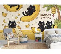 Art Papel Tapiz Fotográfico Lindo Gato Negro Plátano Isla Papel Pintado 300 x 210cm, Art Mural De Pared Papel Pintado Amarillo Negro Verde Mural para Sala Estar Dormitorio Cocina Infantil Decoración