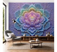 Art Papel Tapiz Fotográfico Mandala Relieve Dorado Loto Papel Pintado 400 x 280cm, Art Mural Morado Cian Mural para Sala Estar Dormitorio Cocina Infantil Decoración