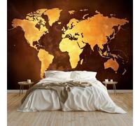 Art Papel Tapiz Fotográfico Mapa Del Mundo Dorado Papel Pintado no Tejido 350x256 cm Lana Decoración de Pared Sala Cuarto Póster Mural para Sala de estar Dormitorio Decoración, Marrón Oscuro