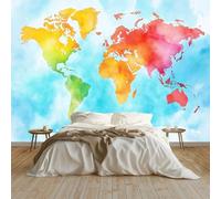 Art Papel Tapiz Fotográfico Mapa Del Mundo En Acuarela Papel Pintado no Tejido 350x256 cm Lana Decoración de Pared Sala Cuarto Póster Mural para Sala de estar Dormitorio Decoración, Color Azul
