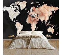 Art Papel Tapiz Fotográfico Mapa Del Mundo Rosa Papel Pintado no Tejido 300x210 cm Lana Decoración de Pared Sala Cuarto Póster Mural para Sala de estar Dormitorio Decoración, Negro