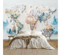 Art Papel Tapiz Fotográfico Patrón De Mapa Del Mundo Papel Pintado no Tejido 250x175 cm Lana Decoración de Pared Sala Cuarto Póster Mural para Sala de estar Dormitorio Decoración, Blanco