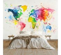 Art Papel Tapiz Fotográfico Pintura Acuare Mapa Mundo Papel Pintado no Tejido 300x210 cm Lana Decoración de Pared Sala Cuarto Póster Mural para Sala de estar Dormitorio Decoración, Blanco