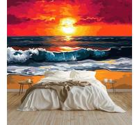 Art Papel Tapiz Fotográfico Pintura Al Óleo Olas Del Mar Amanecer Papel Pintado no Tejido 300x210 cm Lana Decoración de Pared Sala Cuarto Póster Mural para Sala de estar Dormitorio Decoración, Rojo