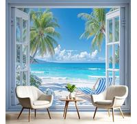 Art Papel Tapiz Fotográfico Playa Del Resort Papel Pintado Fotomurales Azul Cielo 350X256Cm Pared Cuarto Póster Vista Tropical Desde La Ventana Mural Para Salón Dormitorio Infantil Decoración
