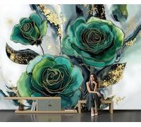 Art Papel Tapiz Fotográfico Rosa Verde Con Lámina Oro Papel Pintado Elegante Estampado Floral Seda 300 × 210 Cm Pared Sala Cuarto Póster Verde Esmeralda Mural Para Sala Estar Dormitorio Decoración