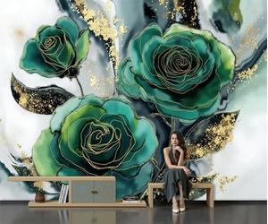 Art Papel Tapiz Fotográfico Rosa Verde Con Lámina Oro Papel Pintado Elegante Estampado Floral Seda 300 × 210 Cm Pared Sala Cuarto Póster Verde Esmeralda Mural Para Sala Estar Dormitorio Decoración