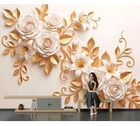 Art Papel Tapiz Fotográfico Rosas Lirios Pergaminos Dorados Papel Pintado Estilo Relieve Seda 400 × 280 Cm Pared Sala Cuarto Póster Amarillo Mural Para Sala Estar Dormitorio Infantil Decoración