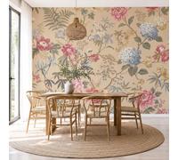 Art Papel Tapiz Fotográfico Vintage Floral Hortensias Peonías Enredaderas Papel Pintado 300 x 210cm, Art Mural Beige Rosa Mural para Sala Estar Dormitorio Cocina Infantil Decoración