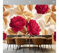 Art Papel Tapiz Fotográfico Vintage Lujoso Rosas Hojas Papel Pintado 200 x 140 cm, Art Mural De Pared Papel Pintado Oro Rojo Mural para Sala Estar Dormitorio Infantil Decoración