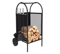 ART TO REAL Carro de leña con ruedas, estante de leña con 3 herramientas Porta chimeneas Soportes para portaequipajes Conjunto de herramientas para chimenea de hierro forjado negro (With Wheel)