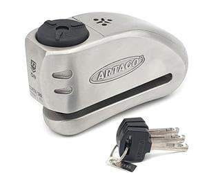 ARTAGO 32 Candado Moto Alta Gama, Mejor Antirrobo Disco con Alarma Inteligente Don't Touch 120dB, Homologado SRA y SSG, Exclusivo Triple Cierre Ø15.5, Blindaje Anti-Taladro 5mm, Pinza Cepo Acero Inox
