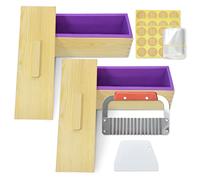Artcome 42oz Soap Loaf Molds 2 Sets Rectangular Silicone Moulds Wooden Box with Lid, DIY Soap Making Supplies with with Stainless Steel Wavy Scraper and Plastic Straight Cutter