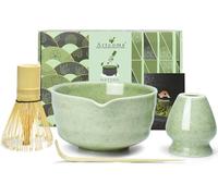 Artcome Juego completo de té matcha de 4 piezas, kit completo de ceremonia japonesa con cuenco, batidor, soporte para batidor, cuchara y guía, verde claro moteado