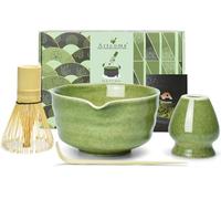 Artcome Juego completo de té matcha de 4 piezas, kit completo de ceremonia japonesa con cuenco, batidor, soporte para batidor, cuchara y guía, verde moteado