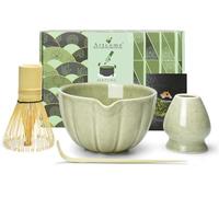 Artcome Juego de 4 piezas de té matcha japonés, cuenco de matcha con boquilla de vertido, batidor de matcha, cuchara de té, soporte para batidor, kit de ceremonia de matcha hecho a mano para ceremonia