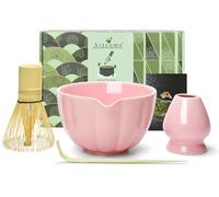 Artcome Juego de 4 piezas de té matcha japonés, cuenco de matcha con boquilla de vertido, batidor de matcha, cuchara de té, soporte para batidor, kit de ceremonia de matcha hecho a mano para ceremonia