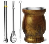Artcome Juego de 4 tazas de acero inoxidable para yerba mate, 1 taza mate de doble pared de acero inoxidable de 8.5 onzas (madera), 2 bombillas (paja de yerba mate), 1 cepillo, fácil de limpiar,