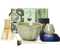 Artcome Juego de 7 piezas de té matcha japonés, cuenco de matcha con boquilla de vertido, batidor de matcha, cuchara de té, soporte para batidor, kit de ceremonia de matcha hecho a mano para ceremonia