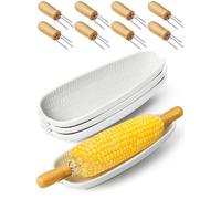 Artcome Juego de platos de maíz de cerámica con 8 soportes de madera para mazorcas de maíz, paquete de 4 platos de maíz con diseño de maíz en relieve, duradero y apto para lavavajillas, para barbacoa,