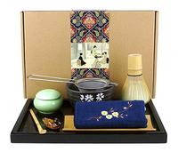 Artcome Juego de té matcha japonés, batidor de matcha, cuchara tradicional, cuenco de matcha, bandeja de bambú negro, portabatidor de cerámica, caja de matcha, kit de ceremonia de matcha hecho a mano
