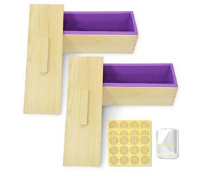Artcome Moldes rectangulares de silicona de 1200 ml, caja de madera con tapa, juego de moldes para jabón con 100 bolsas y 36 etiquetas, 2 juegos