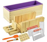 Artcome Set de formas de corte para jabón de pan, multifuncional, ajustable - Molde de jabón de madera y juego de formas de silicona rectangular con cortador de acero inoxidable ondulado y recto