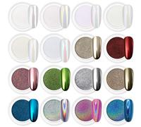 Artdone Juego de 16 polvos para uñas con efecto espejo, color blanco perla, plata metalizada, holográfico