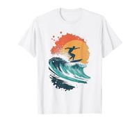 Arte al atardecer surfeando olas, silueta retro de surfista de playa Camiseta