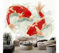 Arte China Fotomurale no Tejido Animal Carpa Koi 300 x 210 cm Papel Pintado Decoración de Pared moderna, Beige Murales póster - Dormitorio Salón TV Pared Murales
