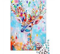 Arte Ciervo Colorido 1000 Piezas Papel Ciervo Cuernos floridos Rompecabezas para Amantes Cartón Sólido Resistente Antiestrés Entrenamiento Cerebral Ecológico 52x38cm/1000pcs