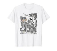 Arte Coreano Tigre y urraca Vintage Coreano Minhwa Camiseta gráfica económica, Hombre, Blanco, S