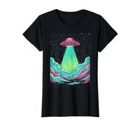 Arte de Abducción de Ovnis con Luz Colorida Camiseta gráfica económica, Mujer, Negro, L