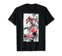 Arte de Acuarela de Lavado de Tinta Japonesa con Flores de Camelia Rosa Camiseta
