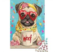 Arte de Amor de Pug Rompecabezas De 1000 Piezas Perro con Gafas de Sol Resistente Al Desgaste para Niños Y Adultos Ligero De Manejar Decoración De Habitación Ideal para Coleccionar 38x26cm/1000pcs