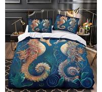 Arte de caballitos de mar Funda de Edredón Juego de 3 Piezas Diseño 3D Cremallera Oculta incluye Fundas de Almohada Suave Ilustración de fantasía marina Funda Edredon for Adultos Single（140x200cm）