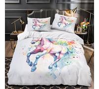 Arte de caballos coloridos Funda de Edredón Impresión 3D Juego de 3 Piezas Cremallera Oculta con Fundas de Almohada Transpirable Pintura de acuarela Funda Edredon for Adolescentes Single（140x200cm）