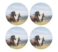 Arte de Caballos Corriendo,Posavasos Redondos de Corcho MDF, Almohadilla para Tazas, Juego de 4 Posavasos para Bebidas